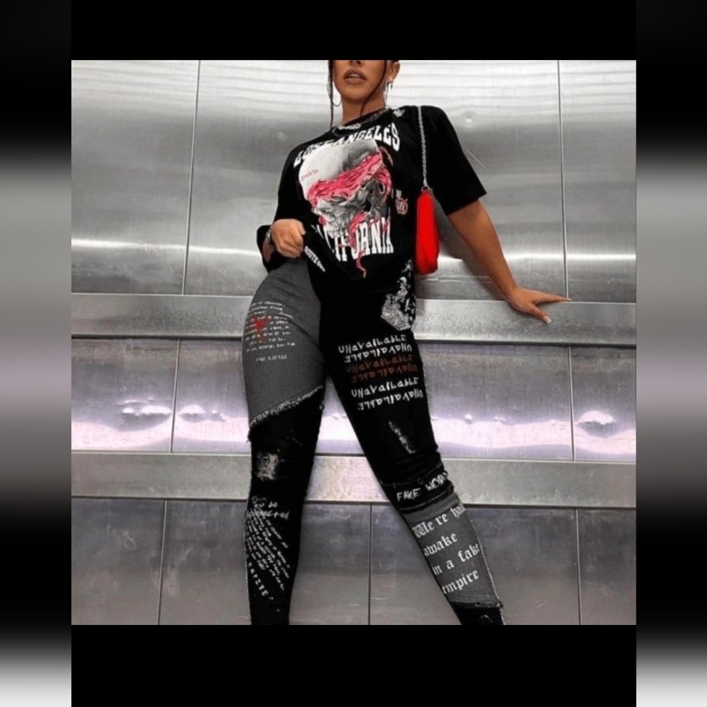 Black/grey block skinny jeans with pressed on design